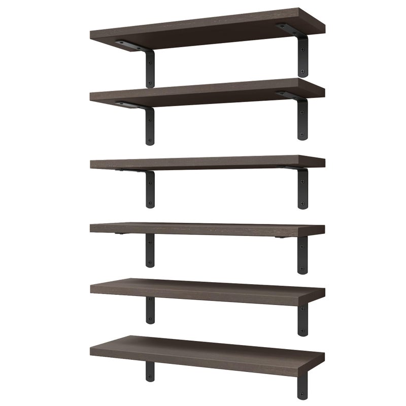 WOPITUES Wood Floating Shelves Set of 6 Shelves for Wall Decor Farmhouse Shelf for Bedroom Bathroom Storage Shelves Book Shelves for Living Room Dark Brown