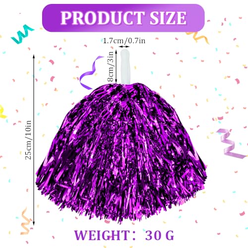 CUGBO 24Pcs Cheerleading Pom Poms, 1 Dozen Handle Metallic Foil Flower Ribbons Cheerleader Pompoms, Kids Children Ball Dance Sports Coaches Game Party Fancy (Purple) - Image 2