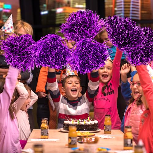 CUGBO 24Pcs Cheerleading Pom Poms, 1 Dozen Handle Metallic Foil Flower Ribbons Cheerleader Pompoms, Kids Children Ball Dance Sports Coaches Game Party Fancy (Purple) - Image 5