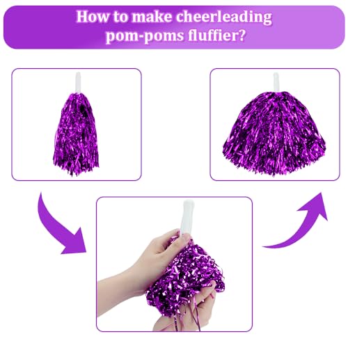 CUGBO 24Pcs Cheerleading Pom Poms, 1 Dozen Handle Metallic Foil Flower Ribbons Cheerleader Pompoms, Kids Children Ball Dance Sports Coaches Game Party Fancy (Purple) - Image 4