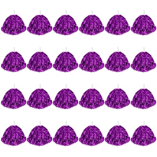 CUGBO 24Pcs Cheerleading Pom Poms, 1 Dozen Handle Metallic Foil Flower Ribbons Cheerleader Pompoms, Kids Children Ball Dance Sports Coaches Game Party Fancy (Purple) - Image 1
