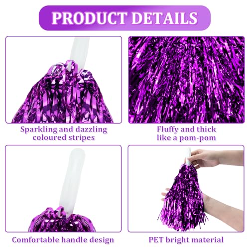 CUGBO 24Pcs Cheerleading Pom Poms, 1 Dozen Handle Metallic Foil Flower Ribbons Cheerleader Pompoms, Kids Children Ball Dance Sports Coaches Game Party Fancy (Purple) - Image 3