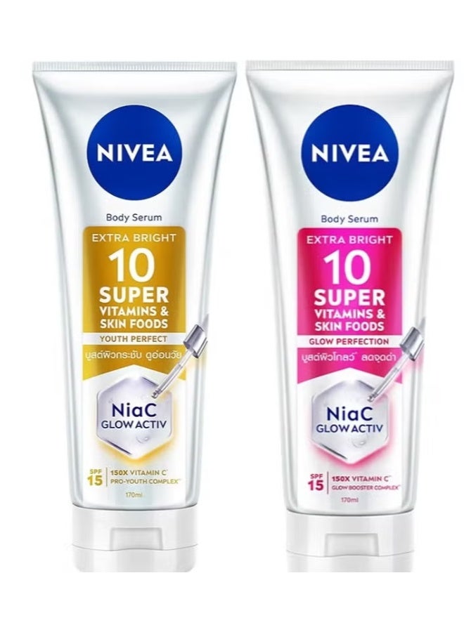 2-Pices Set (Body Serum Extra Bright 10 Super Glow Niacinamide Vit C & A And Super Youth Niacinamide Vit C & E)2×170Ml
