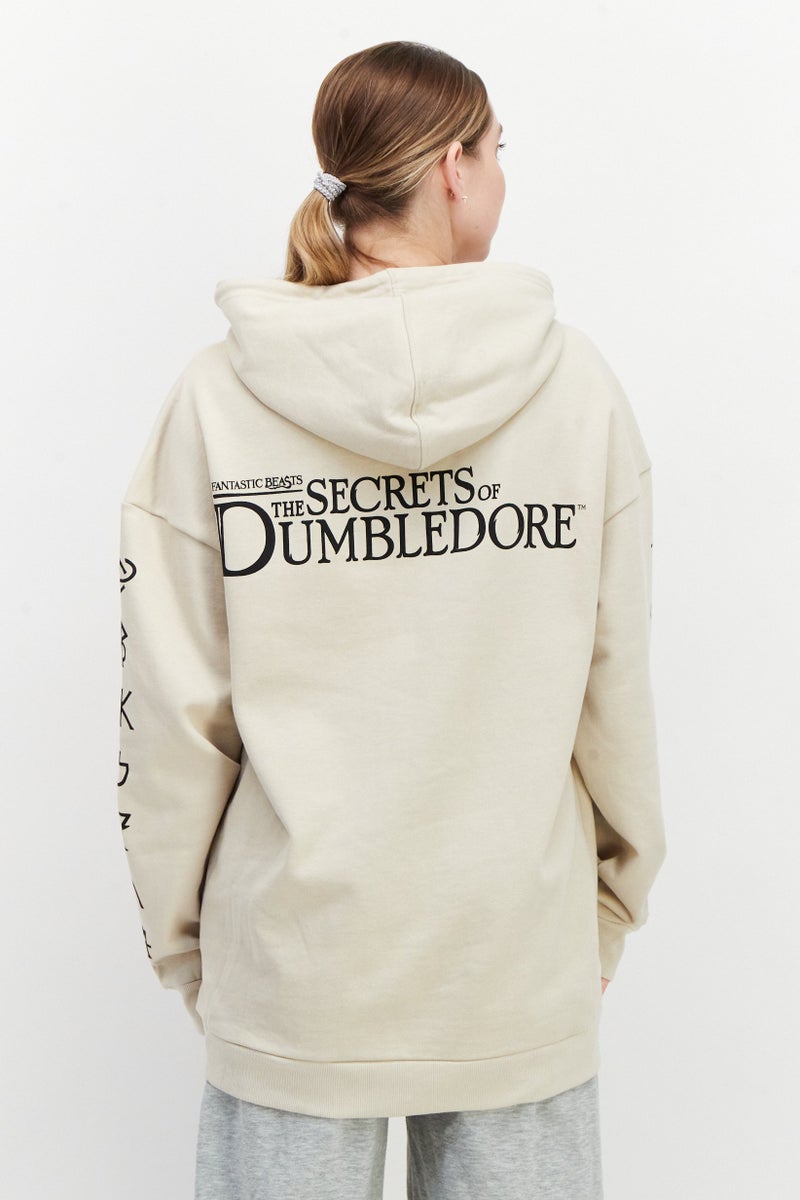 DIFUZED هودي نسائي مع سحب حبل جيب مطبوع أمامي سويت شيرت فليس، بيج - Image 2