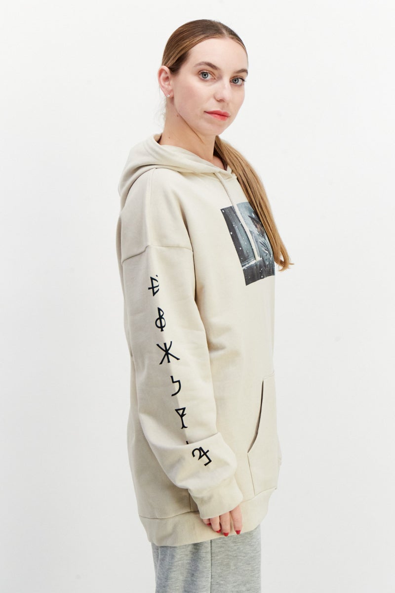 DIFUZED هودي نسائي مع سحب حبل جيب مطبوع أمامي سويت شيرت فليس، بيج - Image 3