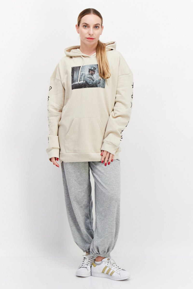 DIFUZED هودي نسائي مع سحب حبل جيب مطبوع أمامي سويت شيرت فليس، بيج - Image 4