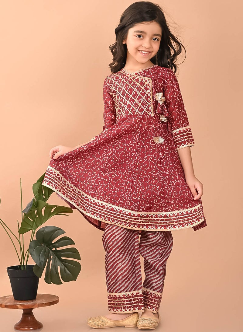 Bonkids Girls Floral Printed Angrakha Pure Cotton A-Line Kurta with Trousers - Image 1