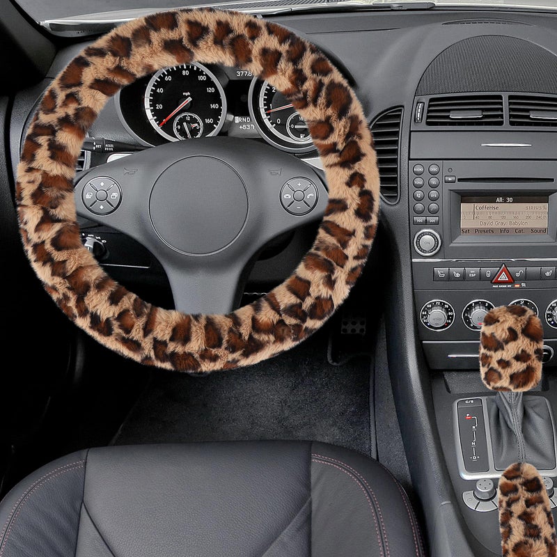 Accmor Fuzzy Car Steering Wheel Cover, Universal Fit Fur Auto Wheel Cover & Handbrake Cover & Gear Shift Cover Set, Leopard Warm Fluffy Vehicle Wheel Protector Car Accessories for Men Women (Brown) - Image 3