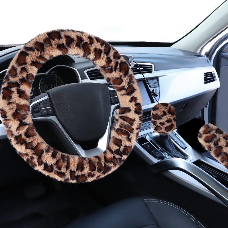Accmor Fuzzy Car Steering Wheel Cover, Universal Fit Fur Auto Wheel Cover & Handbrake Cover & Gear Shift Cover Set, Leopard Warm Fluffy Vehicle Wheel Protector Car Accessories for Men Women (Brown) - Image 1