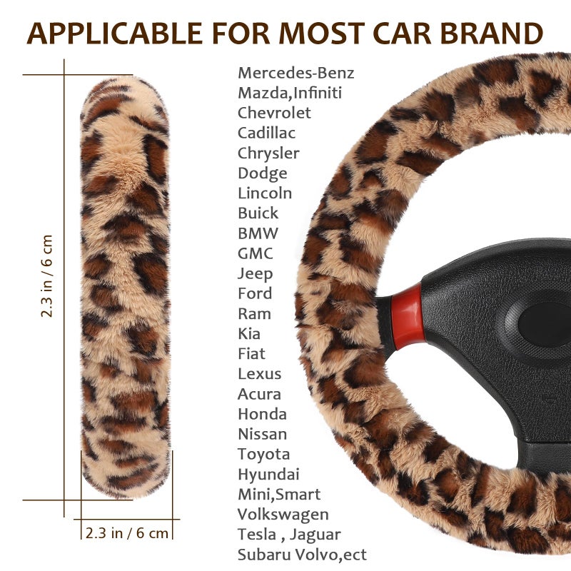 Accmor Fuzzy Car Steering Wheel Cover, Universal Fit Fur Auto Wheel Cover & Handbrake Cover & Gear Shift Cover Set, Leopard Warm Fluffy Vehicle Wheel Protector Car Accessories for Men Women (Brown) - Image 2