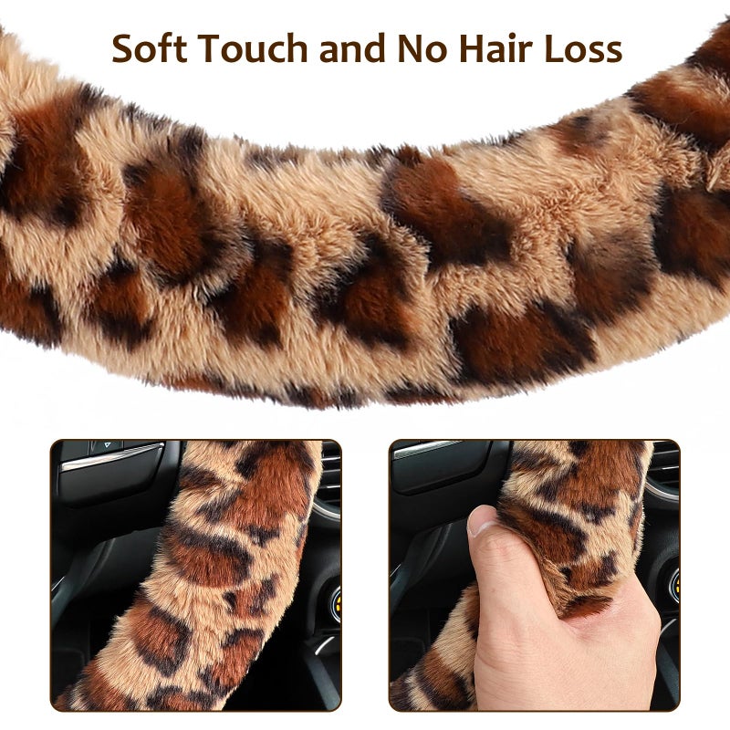 Accmor Fuzzy Car Steering Wheel Cover, Universal Fit Fur Auto Wheel Cover & Handbrake Cover & Gear Shift Cover Set, Leopard Warm Fluffy Vehicle Wheel Protector Car Accessories for Men Women (Brown) - Image 4