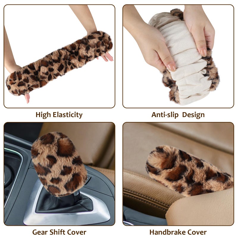 Accmor Fuzzy Car Steering Wheel Cover, Universal Fit Fur Auto Wheel Cover & Handbrake Cover & Gear Shift Cover Set, Leopard Warm Fluffy Vehicle Wheel Protector Car Accessories for Men Women (Brown) - Image 5