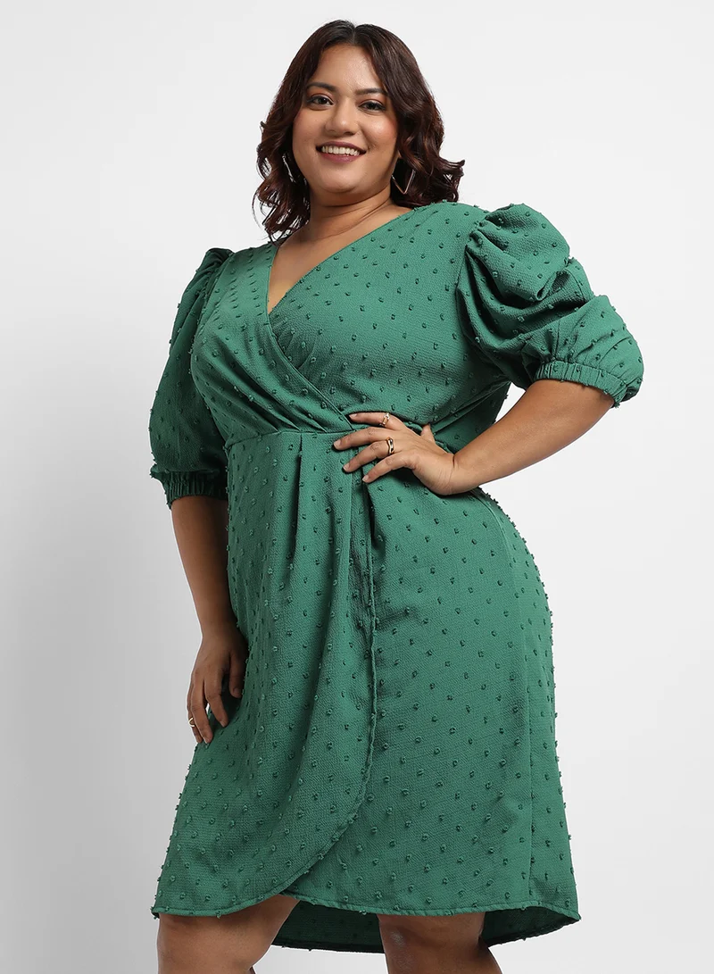 Instafab Plus Green Textured Wrap Dress