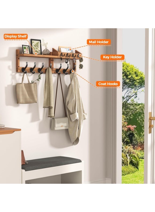 29" Wall Mounted Coat Rack with Shelf, 4 in 1 Wall Mounted Coat and Key Hanger with 11 Hooks, Entryway Key Holder with Mail Holder for Living Room, Bedroom,Brown - Image 2