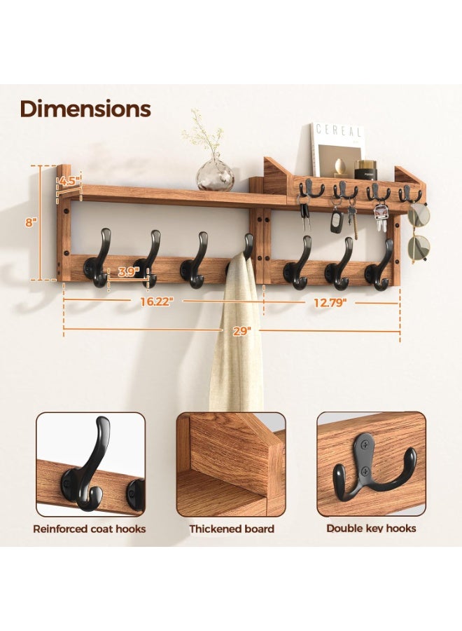 29" Wall Mounted Coat Rack with Shelf, 4 in 1 Wall Mounted Coat and Key Hanger with 11 Hooks, Entryway Key Holder with Mail Holder for Living Room, Bedroom,Brown - Image 3
