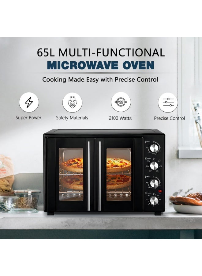 شو وو فرن كهربائي كبير السعة 65 لتر، فرن محمصة قوي 2100 واط، فرن ميكروويف محمصة على سطح الطاولة مع باب زجاجي مزدوج، درجة حرارة قابلة للتعديل (75-250 درجة مئوية) للشواء والتحميص والتحمير - Image 2