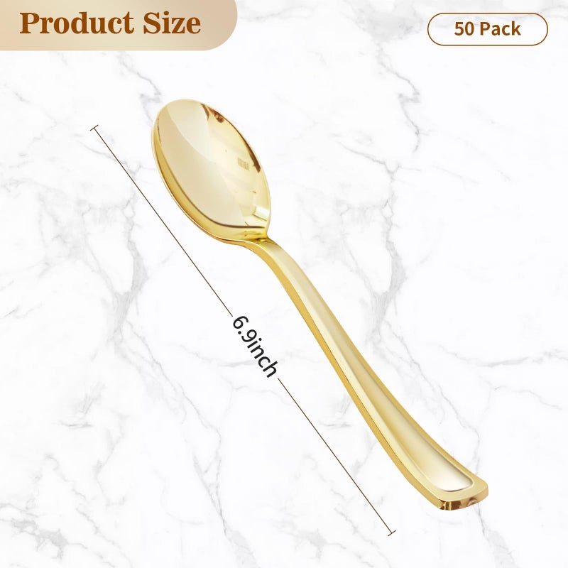 BESTVIP 50 Pack 6.9 Inch Gold Plastic Spoons  Heavy Duty Plastic Silverware  Heavyweight Gold Disposable Spoons  Disposable Serving Utensils for Catering  Parties  Dinners  Weddings - Image 2