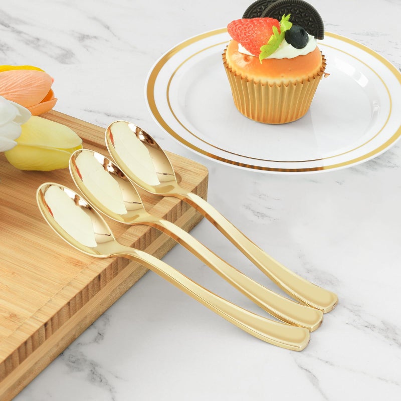 BESTVIP 50 Pack 6.9 Inch Gold Plastic Spoons  Heavy Duty Plastic Silverware  Heavyweight Gold Disposable Spoons  Disposable Serving Utensils for Catering  Parties  Dinners  Weddings - Image 3