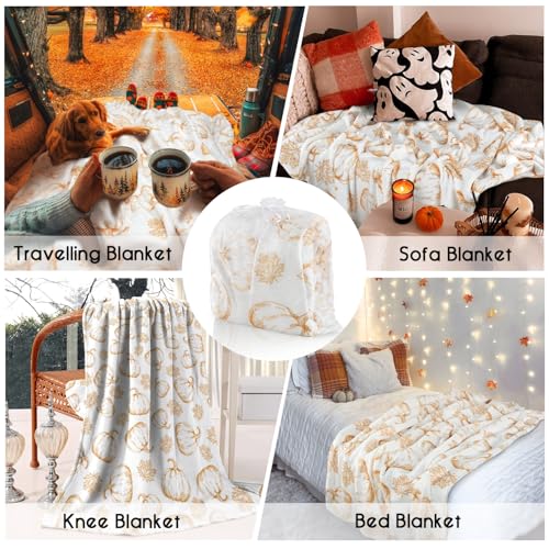 Yiyhuxf Fall Thanksgiving Blankets,Orange Pumpkin Maple Leaves Farmhouse Blanket Throw,Thanksgiving Fall Flannel Fleece Throw Blanket for Home Living Room Couch Bed Chair or Dorm Decor 60"x50" - Image 2