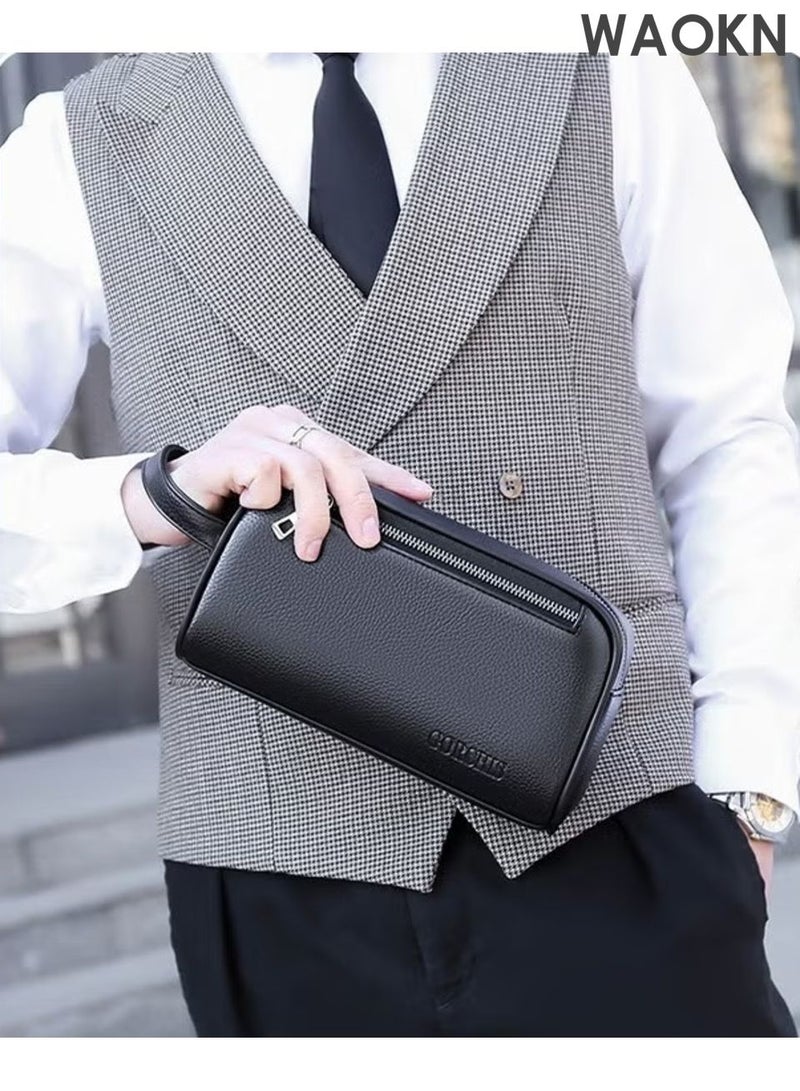 دبليو أيه أو كي أن حقيبة كلاتش رجالية بسيطة كاجوال مصنوعة من جلد ناعم ممتاز للأعمال حقيبة يد عصرية نسخة مطورة حقيبة هاتف محمول بسعة كبيرة مع فتحات بطاقات متعددة، باستخدام نسيج مقاوم للماء، مقاوم للخدش، ناعم ومقاوم للتآكل، تصميم بسعة كبيرة، تخزين منظم، أسود. - Image 5