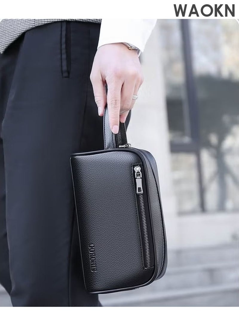 دبليو أيه أو كي أن حقيبة كلاتش رجالية بسيطة كاجوال مصنوعة من جلد ناعم ممتاز للأعمال حقيبة يد عصرية نسخة مطورة حقيبة هاتف محمول بسعة كبيرة مع فتحات بطاقات متعددة، باستخدام نسيج مقاوم للماء، مقاوم للخدش، ناعم ومقاوم للتآكل، تصميم بسعة كبيرة، تخزين منظم، أسود. - Image 2