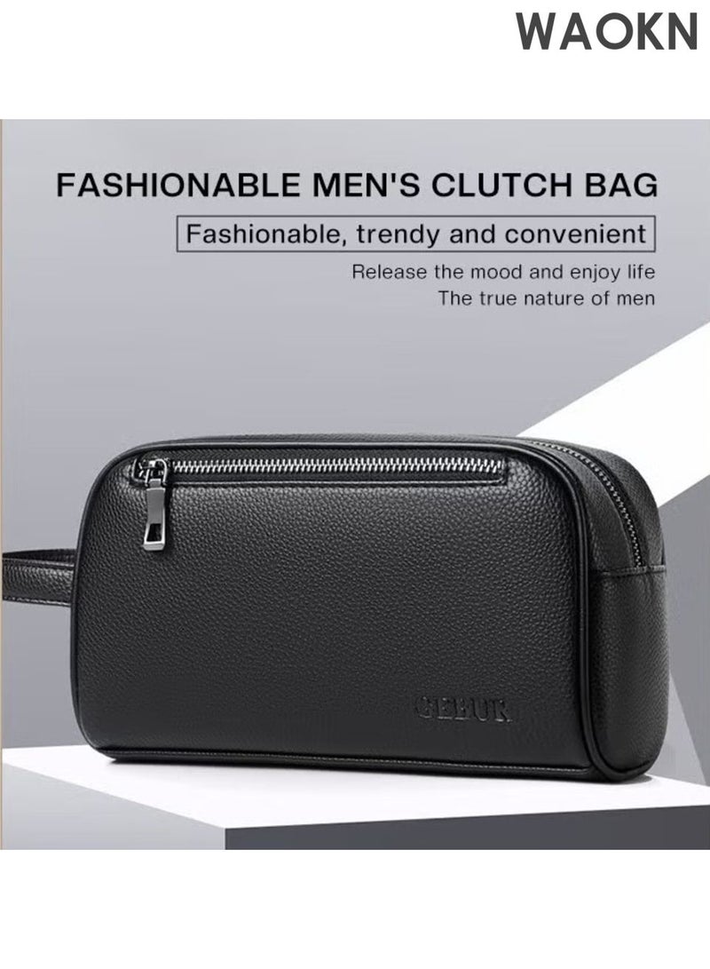 دبليو أيه أو كي أن حقيبة كلاتش رجالية بسيطة كاجوال مصنوعة من جلد ناعم ممتاز للأعمال حقيبة يد عصرية نسخة مطورة حقيبة هاتف محمول بسعة كبيرة مع فتحات بطاقات متعددة، باستخدام نسيج مقاوم للماء، مقاوم للخدش، ناعم ومقاوم للتآكل، تصميم بسعة كبيرة، تخزين منظم، أسود. - Image 1