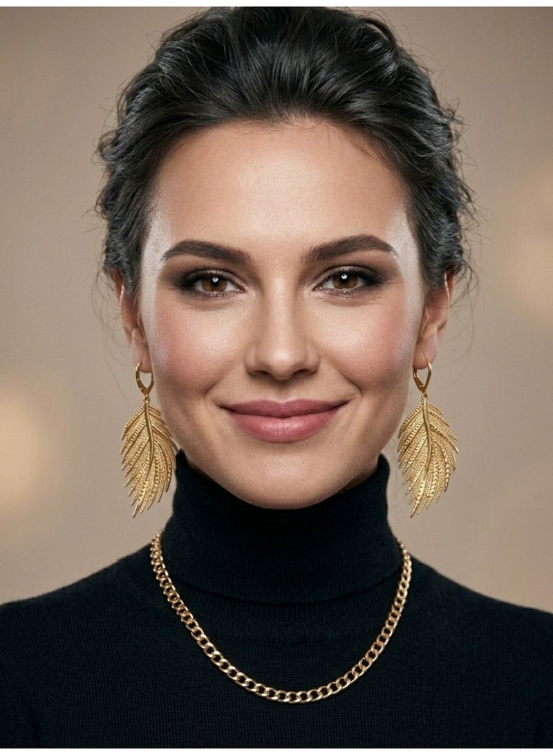 Julia Store 18K Gold Plated Metal Trendy Luxury High Quality Hanging Luxury Aesthetic Exquisite Vintage Modern Feather Dangle Long Earrings For Women Girls Jewelry Gift - Image 5