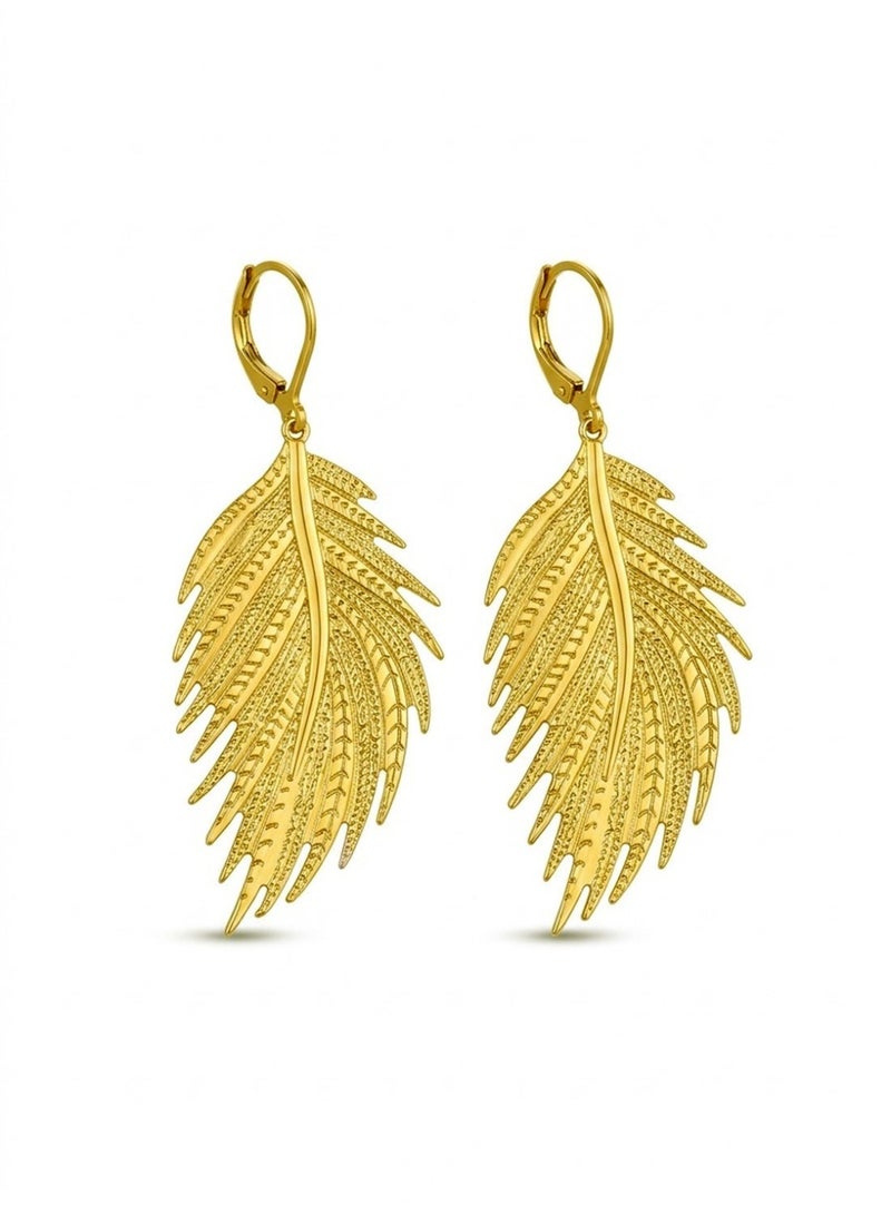 Julia Store 18K Gold Plated Metal Trendy Luxury High Quality Hanging Luxury Aesthetic Exquisite Vintage Modern Feather Dangle Long Earrings For Women Girls Jewelry Gift - Image 1