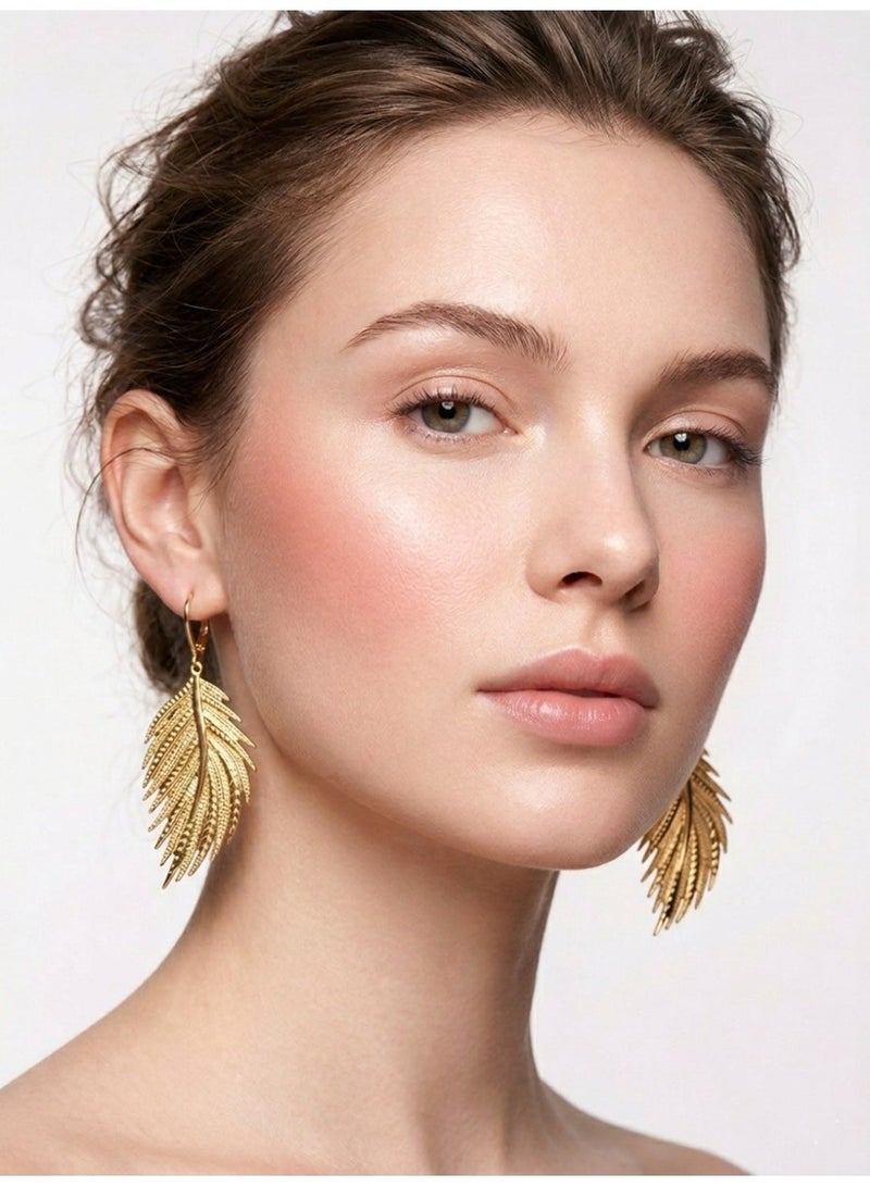 Julia Store 18K Gold Plated Metal Trendy Luxury High Quality Hanging Luxury Aesthetic Exquisite Vintage Modern Feather Dangle Long Earrings For Women Girls Jewelry Gift - Image 3