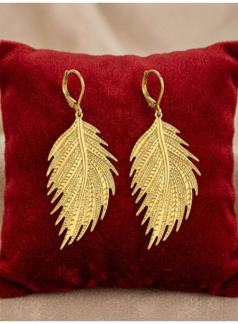 Julia Store 18K Gold Plated Metal Trendy Luxury High Quality Hanging Luxury Aesthetic Exquisite Vintage Modern Feather Dangle Long Earrings For Women Girls Jewelry Gift - Image 2