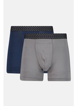Men 2 Pieces 8 Inseam Brand Logo Boxer Beirfs, Navy/Grey