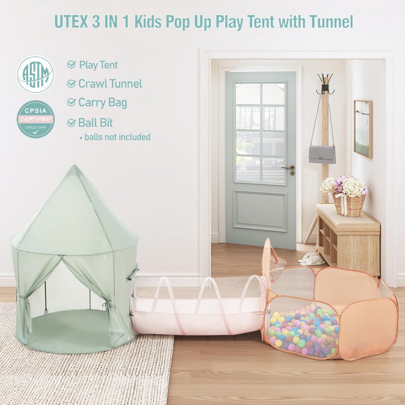 UTEX Kids Play Tent with Tunnel, 3 in 1 Pop Up Play Tent with Ball Pit, Play Crawl Tunnel for Toddler, Boys, Girls, Indoor& Outdoor Play House - Image 2
