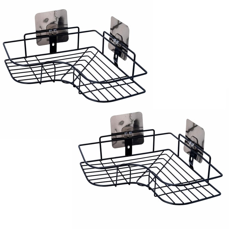 KWIZEAN KWIZEAN Wall Mounted Advance SelfAdhesive ShelfStorage Organizer Bathroom CornerKitchen Rack Holder Accessories Powder Coated Finish Without Drill Bathroom Rack Black Pack of 2  - Image 1