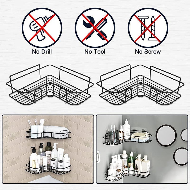KWIZEAN KWIZEAN Wall Mounted Advance SelfAdhesive ShelfStorage Organizer Bathroom CornerKitchen Rack Holder Accessories Powder Coated Finish Without Drill Bathroom Rack Black Pack of 2  - Image 3