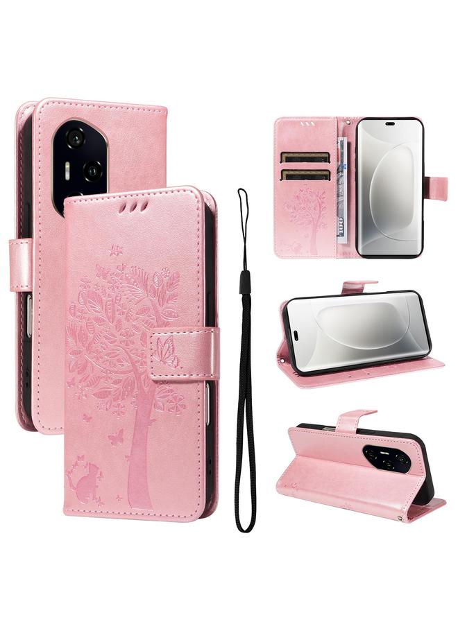 اس-توب جراب هاتف Honor 300 Pro / 300 Ultra من الجلد القابل للطي بنقشة شجرة وقط - Image 1