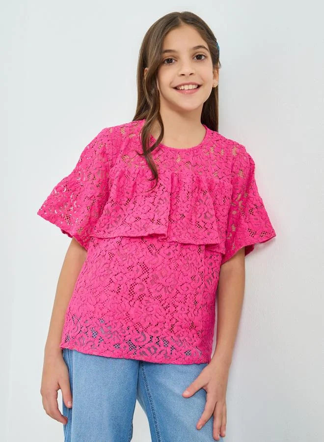 Styli Girls Pink Lace Ruffled Details Top