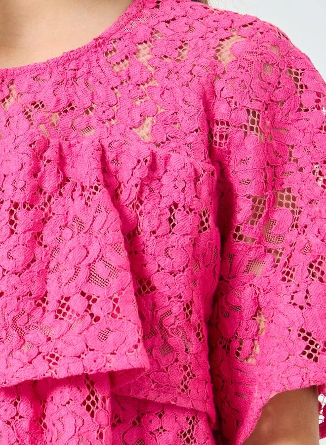 Styli Girls Pink Lace Ruffled Details Top