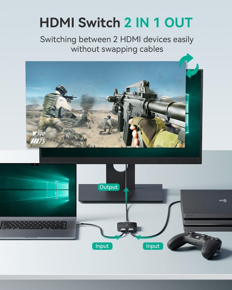 جانا محول HDMI 2.1، 8K@60Hz، 4K@120Hz، 48 جيجابت في الثانية، ثنائي الاتجاه 2 مدخل و1 مخرج، متوافق مع PS5/4، Xbox، Roku، Apple TV، Fire Stick - Image 2