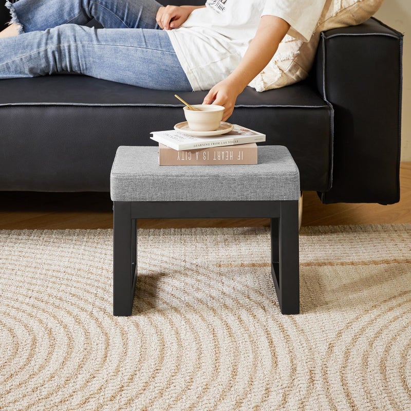 IBUYKE 16 Inch Small Foot Stool Ottoman, Rectangle Linen Foot Rest with Padded Seat and Metal Legs, Modern Ottoman Foot Rest for Living Room Bedroom Entryway Couch, Grey-Blue WBD001L - Image 2