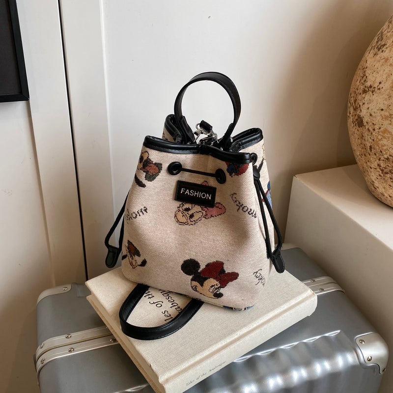 Cartoon Embroidered Small Bag For Women Fashion Satchel Canvas Bucket Bag Summer Versatile Shoulder Crossbody Bag - Image 1