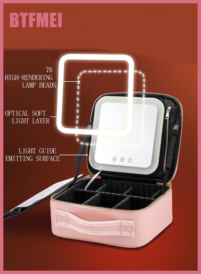 BTFMEI LED Makeup Case with Mirror, Portable Lighted Vanity Box with Touch Control & Adjustable Brightness, PU Leather Rechargeable Travel Cosmetic Organizer with 3 Lighting Modes & Dividers – Pink, 26x23x11cm - Image 4