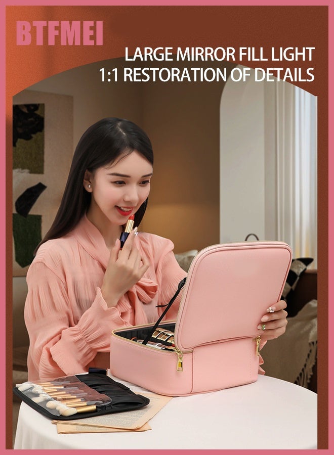 BTFMEI LED Makeup Case with Mirror, Portable Lighted Vanity Box with Touch Control & Adjustable Brightness, PU Leather Rechargeable Travel Cosmetic Organizer with 3 Lighting Modes & Dividers – Pink, 26x23x11cm - Image 2