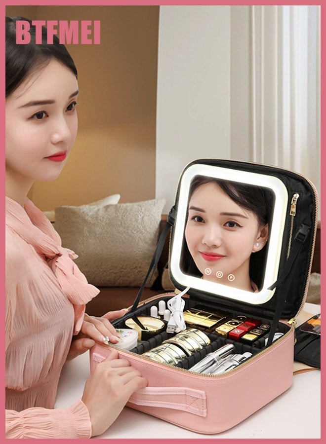 BTFMEI LED Makeup Case with Mirror, Portable Lighted Vanity Box with Touch Control & Adjustable Brightness, PU Leather Rechargeable Travel Cosmetic Organizer with 3 Lighting Modes & Dividers – Pink, 26x23x11cm - Image 5