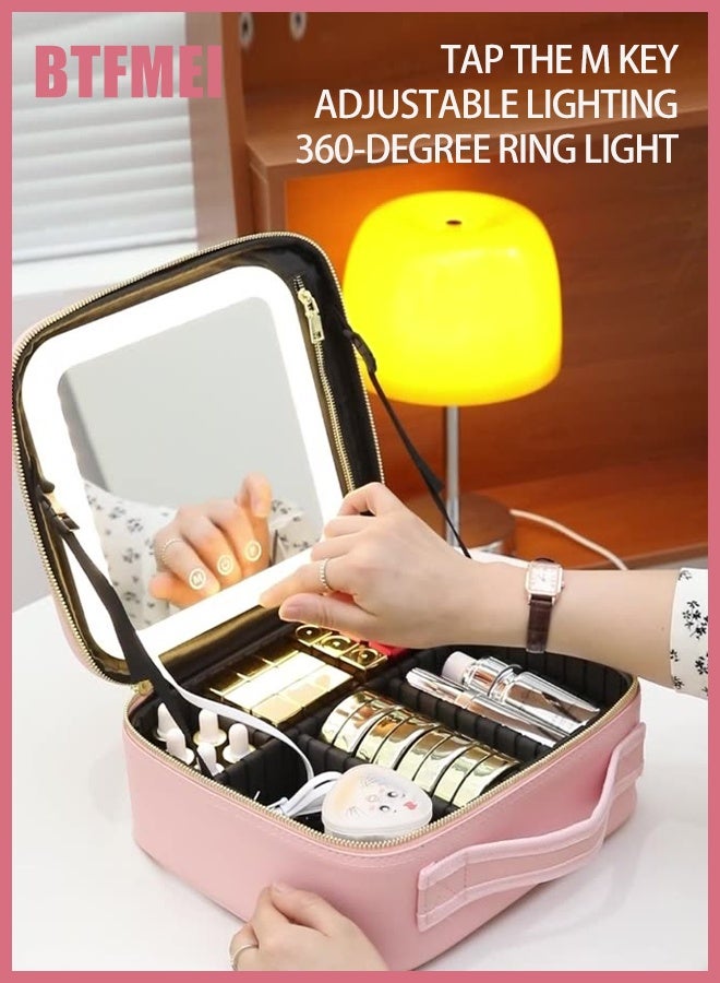 BTFMEI LED Makeup Case with Mirror, Portable Lighted Vanity Box with Touch Control & Adjustable Brightness, PU Leather Rechargeable Travel Cosmetic Organizer with 3 Lighting Modes & Dividers – Pink, 26x23x11cm - Image 3