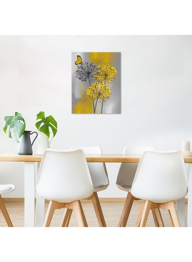 HVEST Farmhouse Yellow Dandelion Wall Art for Living Room Rustic Grey Floral and Butterfly Pictures Wall Decor Flower Nature Plant Framed Canvas Wall Art Bedroom Bathroom Home Decor,16L X 12W inches - Image 2