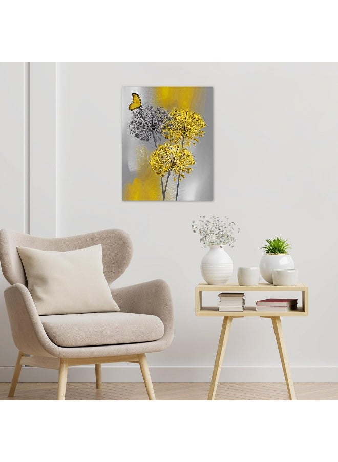 HVEST Farmhouse Yellow Dandelion Wall Art for Living Room Rustic Grey Floral and Butterfly Pictures Wall Decor Flower Nature Plant Framed Canvas Wall Art Bedroom Bathroom Home Decor,16L X 12W inches - Image 3