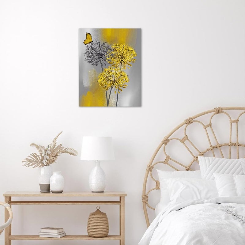 HVEST Farmhouse Yellow Dandelion Wall Art for Living Room Rustic Grey Floral and Butterfly Pictures Wall Decor Flower Nature Plant Framed Canvas Wall Art Bedroom Bathroom Home Decor,16L X 12W inches - Image 4