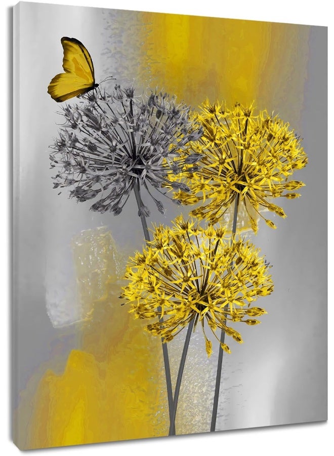 HVEST Farmhouse Yellow Dandelion Wall Art for Living Room Rustic Grey Floral and Butterfly Pictures Wall Decor Flower Nature Plant Framed Canvas Wall Art Bedroom Bathroom Home Decor,16L X 12W inches - Image 1