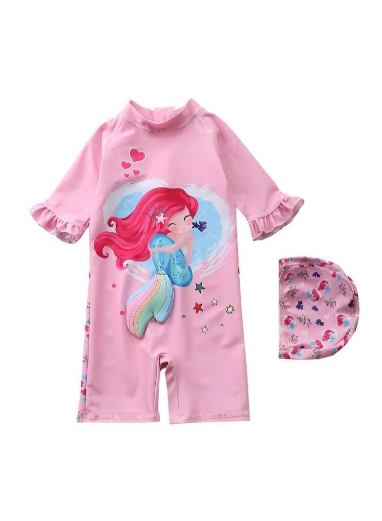 رويي حورية البحر ملابس السباحة للأطفال ، أكمام طويلة واقية من الشمس ملابس السباحة للأطفال ، مع قبعة السباحة ، ومناسبة للفتيات 70-120cm الطول - Image 1