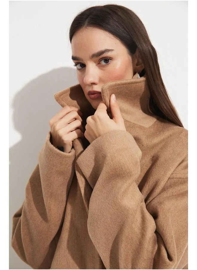 جون June Loose Cut Fit Breasted Coat Mink